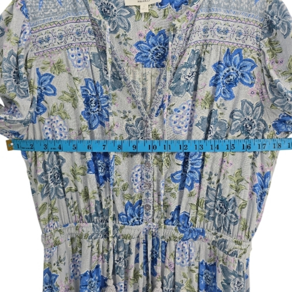 Lucky Brand Blue Floral Tiered Boho Dress Size Large Long Sleeves V Neck - Picture 5 of 9